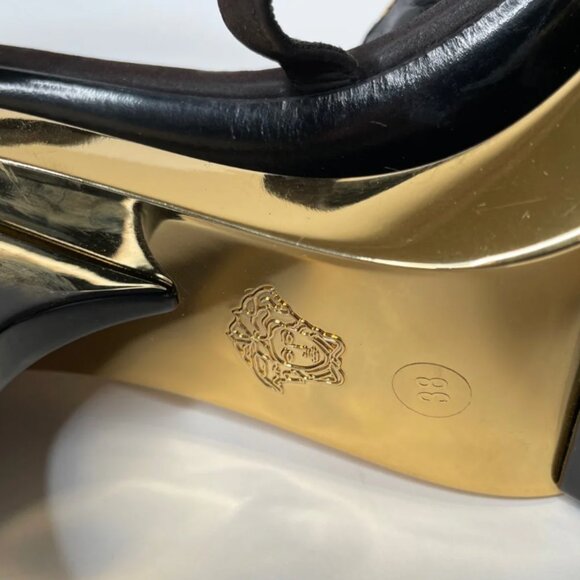 Versace Black & Gold Medusa Triple Platform Swarovski Crystals Sandals Heels - Picture 7 of 13